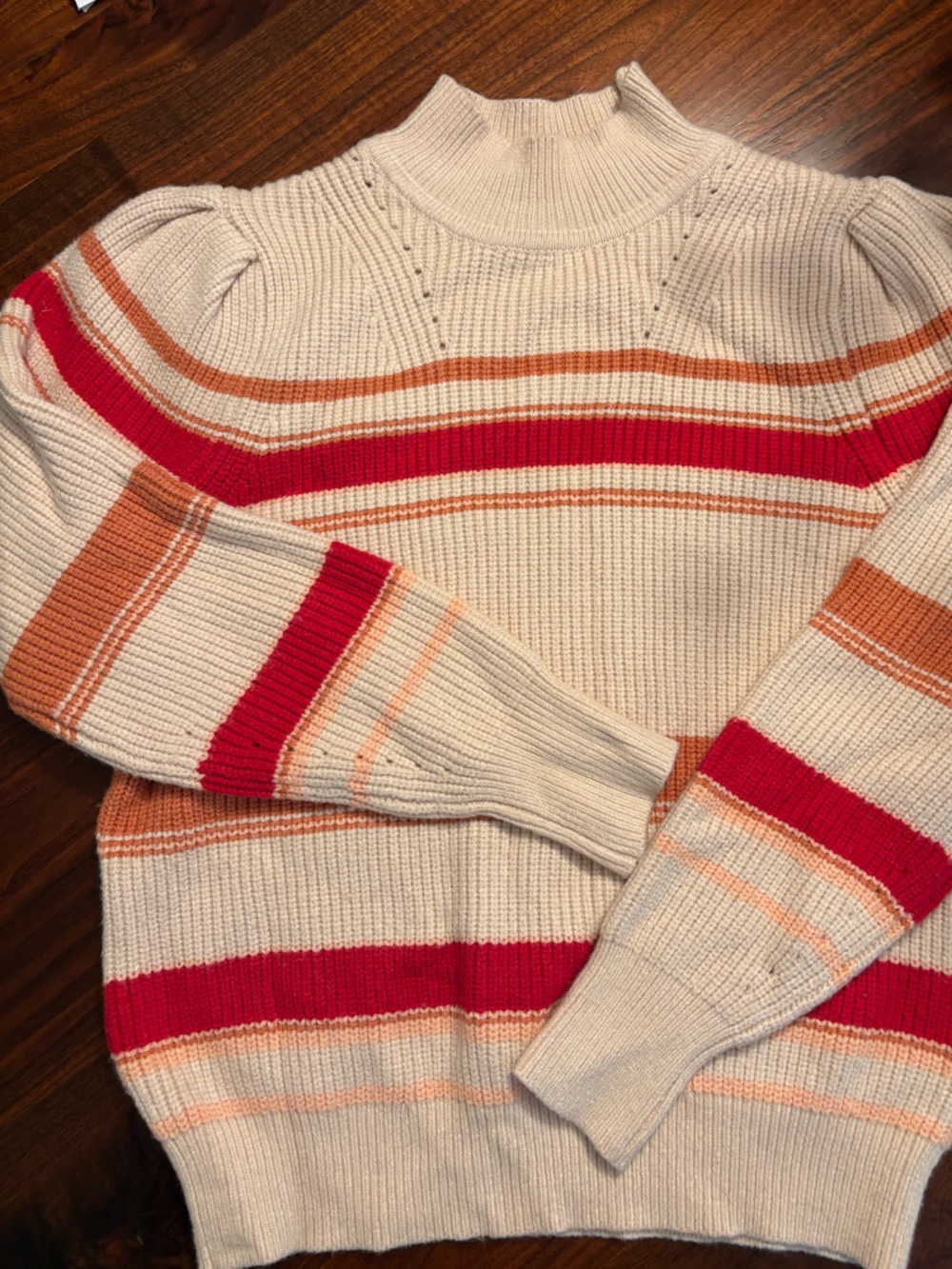 Women’s Cream Knit Sweater with Red and Orange Stripes